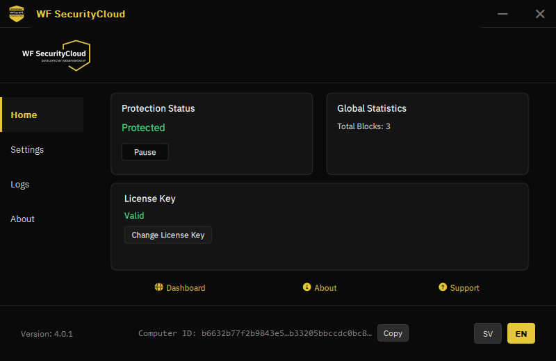 WF SecurityCloud Windows-klient med skyddsstatus, statistik över blockeringar och licensnyckelns status.